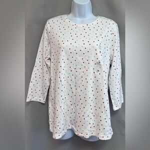KIM ROGERS-PERFECTLY SOFT 100% Cotton Knit Top White w/Hearts/Polka Dots‎ M New